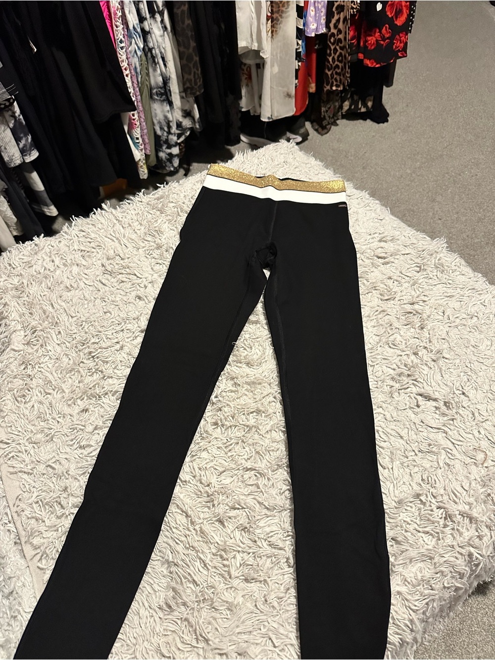 PINK Victoria's Secret Black Leggings with Gold & White Waistband